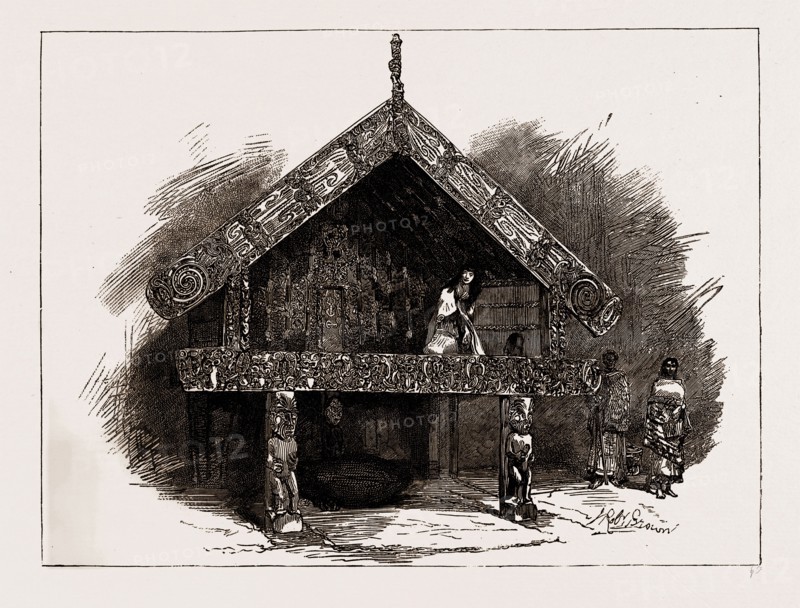 AUSTRALIAN AND NEW ZEALAND EXHIBITS AT THE COLONIAL AND INDIAN EXHIBITION, 1886: A PATAKA, OR MAORI STORE-HOUSE, NEW ZEALAND COURT