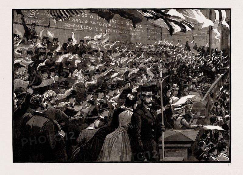 SCHOOL CHILDREN FROM ST. SAVIOUR'S AND MRS. NEWCOMEN'S SCHOOL CHEERING THE PRINCE AND PRINCESS OF WALES IN SOUTHWARK STREET ON THEIR RETURN FROM LAYING THE MEMORIAL STONE OF THE NEW TOWER BRIDGE, LONDON, UK, 1886
