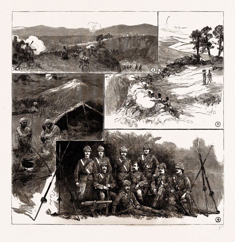 THE FIGHTING WITH DACOITS IN BURMA, 1886: 1. Shelling Dacoits on the Top of the Cliff at the Popa Pass. 2. Repulse of Rebel Attack on the Sagin Outpost 3. A Corner of a Rebel Oupost near Popa. 4. Rangoon Mounted Company of Volunteers Who Took Part in the Expedition to Mandalay.