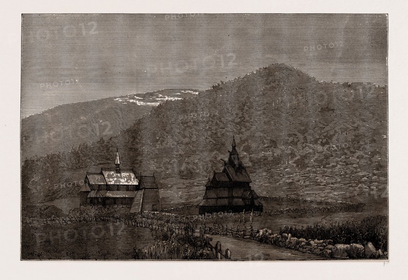 BORGUND VALLEY, WITH THE OLD CHURCH AND BELFRY, NORWAY, 1886