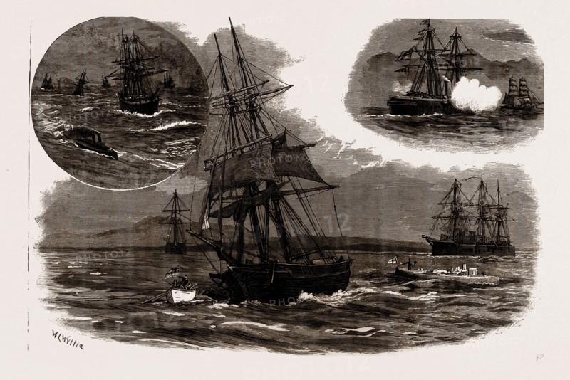 THE BLOCKADE OF THE GREEK PORTS: IN THE GULF OF ATHENS, GREECE, 1886: PREPARING TO TAKE IN TOW A GREEK VESSEL DETAINED BY H.M.S. "SULTAN"; THE RETURN OF THE COMBINED SQUADRON TO SUDA BAY, THE SEA OUTSIDE BEING TOO HEAVY FOR THE TORPEDO BOATS; THE "TEMERAIRE" CHASING A GREEK SHIP