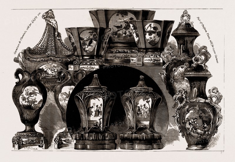 SALE OF OLD PORCELAIN BELONGING TO THE LATE EARL OF DUDLEY, 1886: A Pair of Vases, A Set of Three Eventail Jardinieres