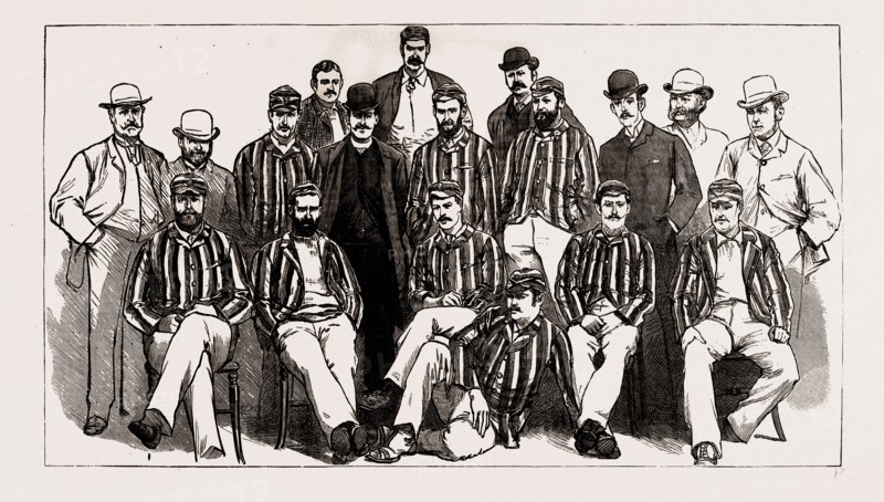 THE AUSTRALIAN CRICKET TEAM NOW VISITING ENGLAND: H.J.H. Scott (Captain); A.H. Jarvis; S.P. Jones; G.E. Palmer; J.M.C. Blackham, G.J. Bonnor, R. Farrand (Umpire), J. Bates (scorer); W. Bruce; G. Giffen; Mac Ilwraith; F.R. Spofforth; T.W. Garrett; W.B. Wardill; E. Evans; W. Trumble; G.F. Salter (Scorer); R. Thoms (Umpire), 1886