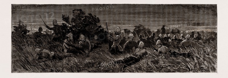 THE EXPEDITION TO UPPER BURMA, 1886: THE STORMING OF ZEEDAW: ROYAL WELSH FUSILIERS LYING DOWN IN POSITION FOR THE ATTACK BEFORE DAWN