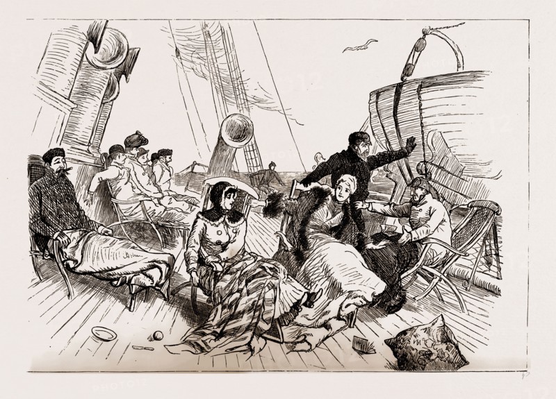 AMERICAN FACTS AND FANCIES: 1. ON THE WAY OUT, "A BIG STEAMER LIKE THIS NEVER ROLLS", THE LAST SKETCHES BY THE LATE RANDOLPH CALDECOTT DURING HIS RECENT TOUR IN AMERICA, USA, US, UNITED STATES, UNITED STATES OF AMERICA, 1886
