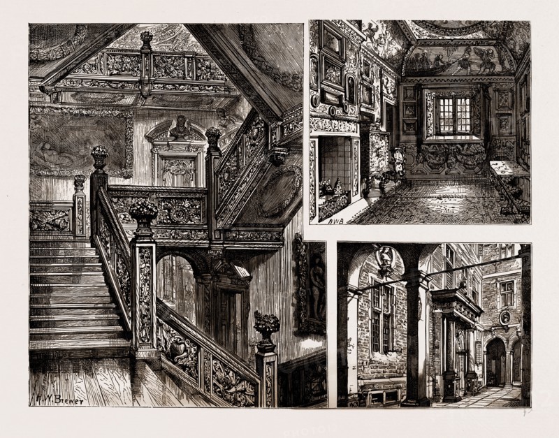 HAM HOUSE, NEAR RICHMOND, UK, 1886: GRAND STAIRCASE, THE BOUDOIR, PRINCIPAL ENTRANCE