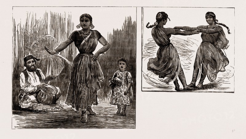INDIA IN LONDON, 1886: A TANJORE NAUTCH DANCER AND CHILD, WIND UP OF A NAUTCH DANCE; SKETCHES AT THE INDIAN VILLAGE AT PORTLAND HALL, LANGHAM PLACE