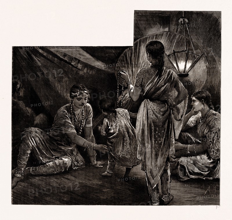 INDIA IN LONDON, 1886: TEACHING A CHILD ITS STEPS; SKETCHES AT THE INDIAN VILLAGE AT PORTLAND HALL, LANGHAM PLACE