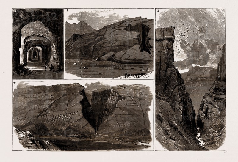 THE DEFENCE OF INDIA, 1886: SKETCHES AT THE CHAPPER RIFT ON THE QUETTA RAILWAY, NOW IN COURSE OF CONSTRUCTION; 1. In the Tunnel. 2. The Manghi End. 3. Inside the Rift. 4. The Entrance at Dargi.