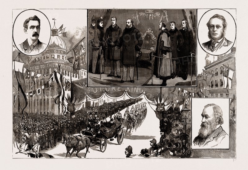 THE PRINCE OF WALES AT LIVERPOOL AND BIRKENHEAD, UK, 1886: Reception of the Prince in Liverpool: View in Lord Street; Mr. James Brunlees, Engineer to the Mersey Tunnel; Mr. A.H. Irvine, Resident Engineer, Mersey Railway; The Prince Declaring the Mersey Tunnel Open; Mr. C. Douglas Fox, Engineer to the Mersey Tunnel