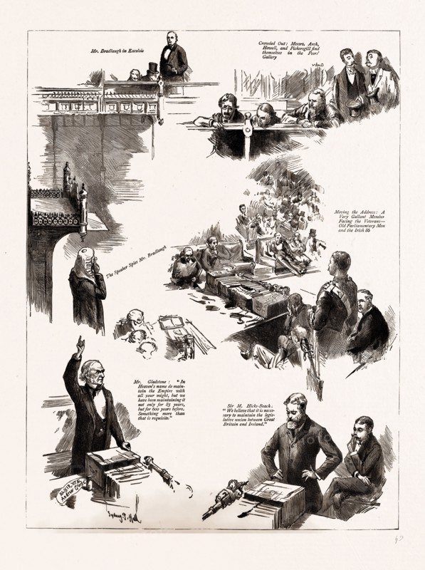 THE OPENING OF THE NEW PARLIAMENT, NOTES IN THE HOUSE OF COMMONS, LONDON, UK, 1886; Mr. Gladstone, Sir M. Hicks.Beach, Mr. Bradlaugh