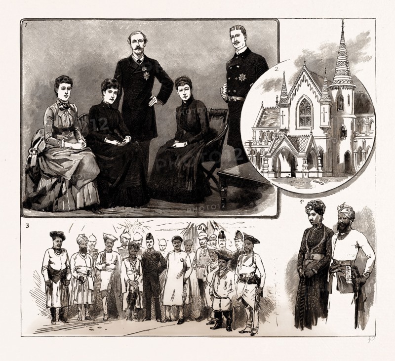 LORD DUFFERIN AT INDORE, 1886: 1. The Viceregal Party. 2. The Daly College, Indore, Opened by the Viceroy, Nov. 14. 3. Sir Lepel Griffin, with H.H. the Maharajah Holkar and other Chiefs, awaiting Lord Dufferin's arrival at Indore. 4. The Thakoor Sahib of Bagri and Maharajah Kumar of Sailana; The Hon. Miss Thynne, Lady Helen Blackwood, Lord Dufferin, Lady Dufferin, Sir Lepel Griffin