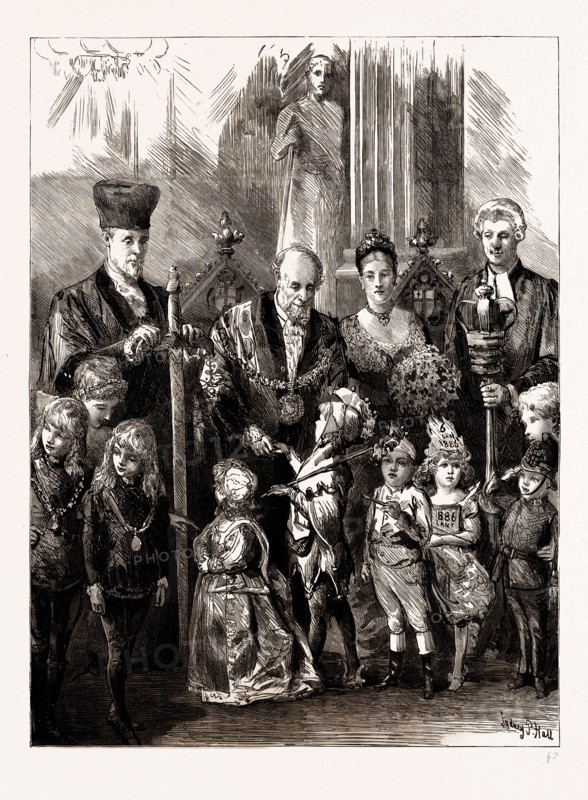 "BROBDINGNAG AND LILLIPUT MEET". RECEPTION OF CHILDREN BY THE LORD MAYOR AT THE JUVENILE FANCY DRESS BALL AT THE MANSION HOUSE, LONDON, UK, 1886