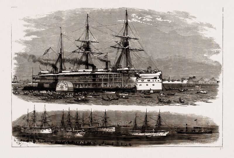 THE EXPEDITION TO UPPER BURMA: TRANSFER OF THE CAPTIVE KING THEEBAW FROM THE STEAMER "THOOREAH" TO THE TROOPSHIP "CLIVE" AT RANGOON, DEC. 6, 1886