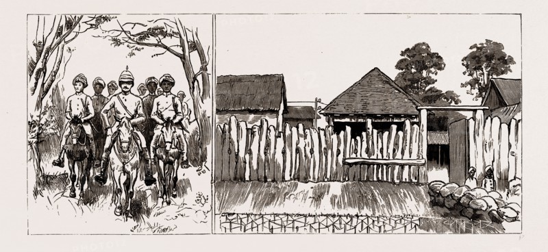 THE EXPEDITION TO UPPER BURMA, WITH THE TONGHOO FIELD FORCE, 1886: THE HEAD OF THE COLUMN, MOUNTED POLICE SCOUTS ENTERING GYOBIN, GYOBIN POLICE GUARD HOUSE AND STOCKADE: EXTERIOR, WITH BARBED WIRE DEFENCES