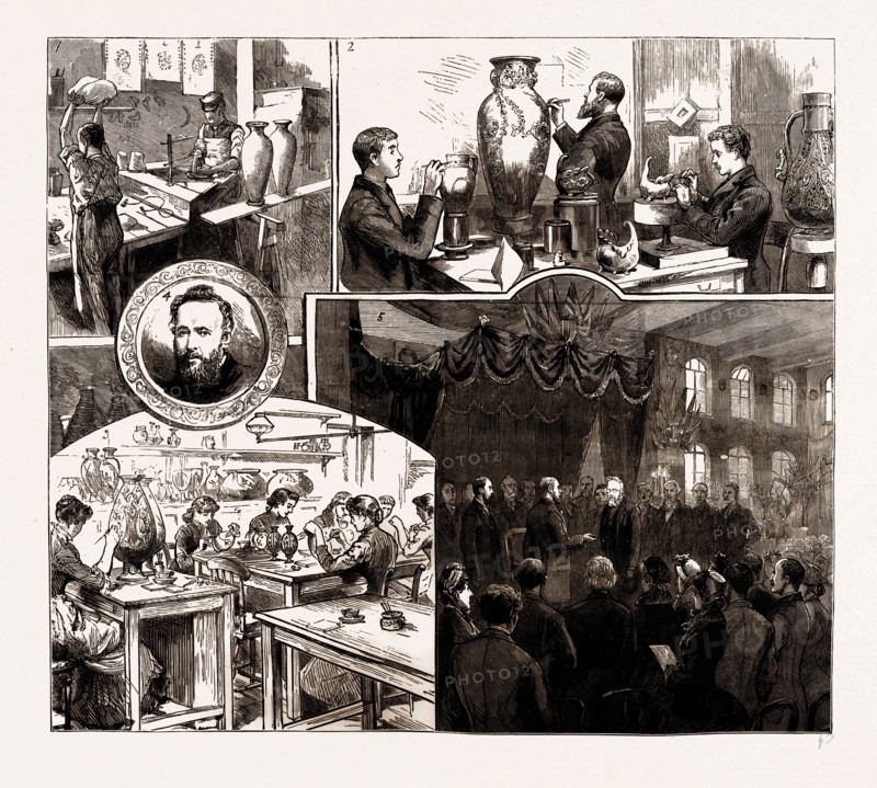THE PRINCE OF WALES AT MESSRS. DOULTON'S POTTERY WORKS, LAMBETH, LONDON, UK, 1886: 1. The Potter's Wheel. 2. Modelling Doulton Ware. 3. Painting Doulton Ware. 4. Mr. Henry Doulton. 5. The Prince presenting the Albert Medal to Mr. H. Doulton.
