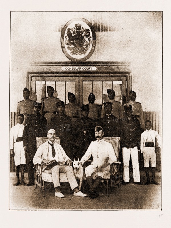 Vice-Consul Major Crawford, the Medical Officer, Customs and Officials. THE CONSULAR COURT AT BRENIN, 1897