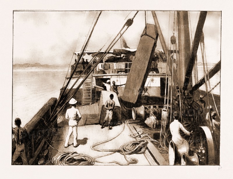 THE ROYAL NIGER COMPANY'S EXPEDITION: EVERYDAY SCENES ON THE RIVER NIGER, 1897: SHIPPING A LOG OF MAHOGANY AT AXIM