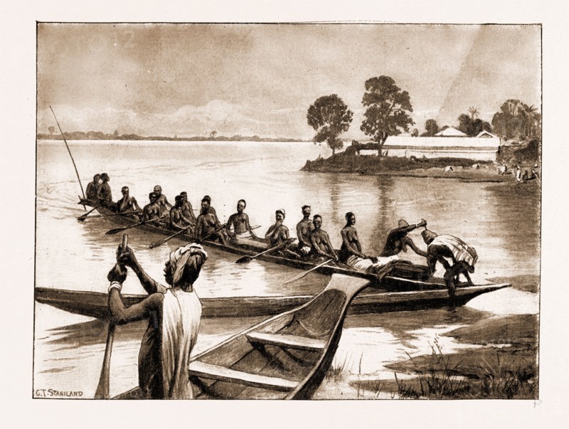 THE ROYAL NIGER COMPANY'S EXPEDITION: EVERYDAY SCENES ON THE RIVER NIGER, 1897: A MARKET CANOE ARRIVING AT ABUTSHI ON THE RIVER BENUE