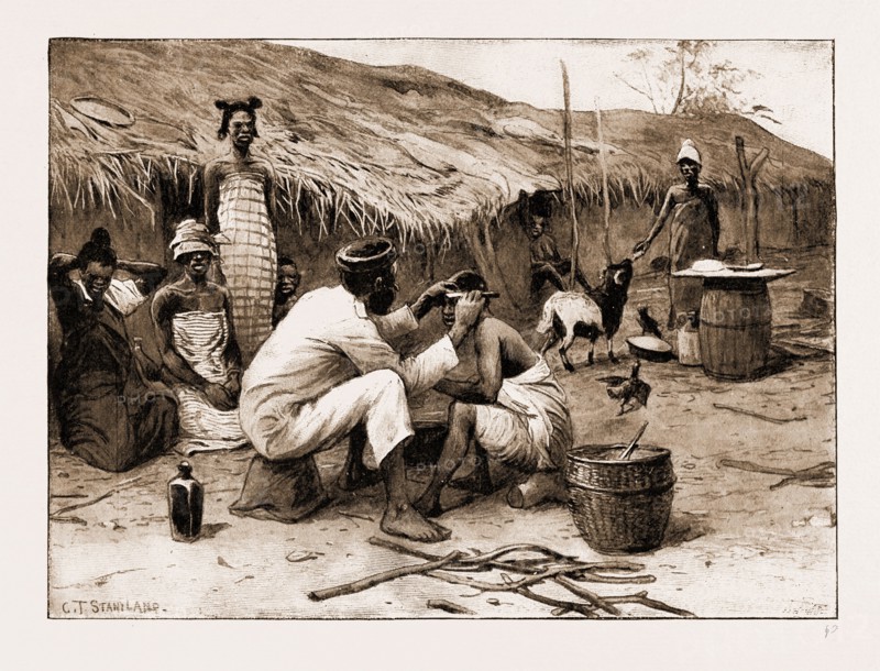 THE ROYAL NIGER COMPANY'S EXPEDITION: EVERYDAY SCENES ON THE RIVER NIGER, 1897: HOUSSA SOLDIER SHAVING HIS WIFE'S HEAD AT ASABA ON THE NIGER