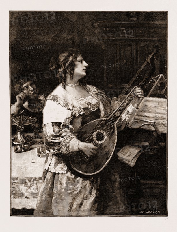 "PERFECT HARMONY", FROM THE PAINTING BY A.R. KEMPLIN, EXHIBITED IN THE SALON DES CHAMPS ELYSEES, 1897; A LADY PLAYING A MANDOLIN