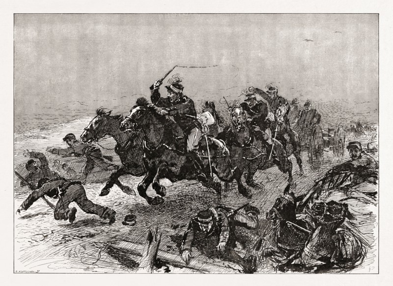 THE GREEK ROUT: AN INCIDENT OF THE STAMPEDE ON THE ROAD TO LARISSA, GREECE, 1897; Panic completely overtook the Greek army. A whole battery of artillery took to flight and crashed through everything. Horses and carts were hurled down the embankment and the telegraph poles on the roadside were in many cases smashed.
