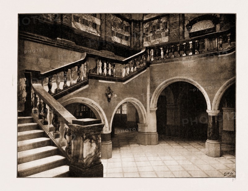 THE QUEEN'S VISIT TO SHEFFIELD: THE NEW TOWN HALL TO BE OPENED BY HER MAJERSTY, UK, 1897: THE GRAND MARBLE STAIRCASE