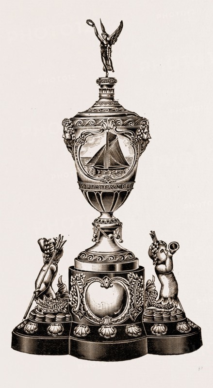 EASTBOURNE SOUTHDOWN REGATTA CUP, 1897: The handsome yachting trophy, subscribed for by the inhabitants of Eastbourne, was raced for at the Eastbourne Regatta, and was won by the German Emperor's yacht Meteor. The cup, which is vase-shaped, is made entirely of solid gold.