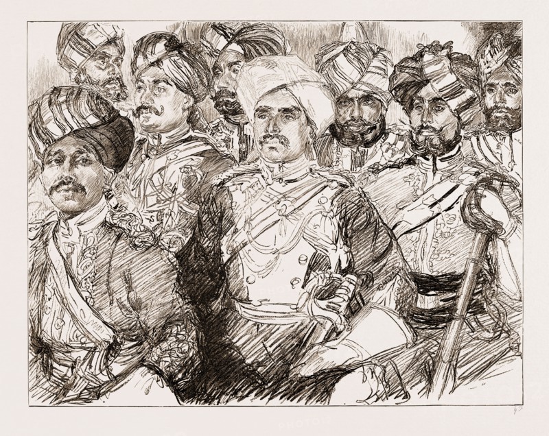 DIAMOND JUBILEE VISITORS, UK, 1897: OFFICERS OF THE IMPERIAL SERVICE TROOPS: COMMANDANT GOVIND RAO MATKAR (Indore Lancers), COMMANDANT ABDUL GUNNY (2nd Gwalior Lancers), CAPTAIN MIR HASSIM ALI KHAN (2nd Hyderabad Lancers), RESSALDAR MAJOR SUNIYAT SINGH (Kashmir Lancers)