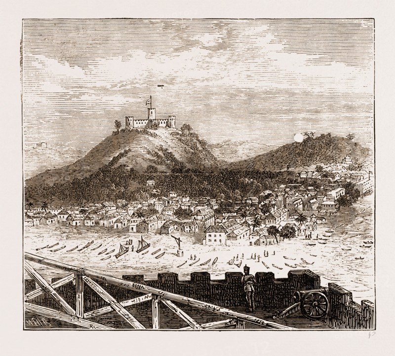 GENERAL VIEW OF ELMINA RECENTLY BOMBARDED BY THE BRITISH TROOPS, THE ASHANTEE WAR 1873. Anglo-Ashanti Wars between the Ashanti Empire, now Ghana, and the British Empire in the 19th century