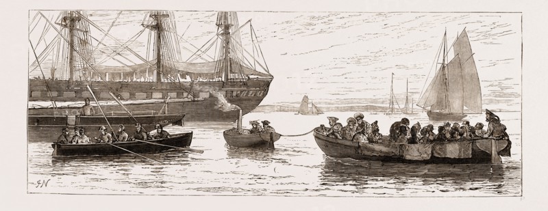 GOING TO THE BALL ON BOARD H.M.S. ARIADNE, The Royal Yacht Squadron Regatta at Cowes, UK in 1873