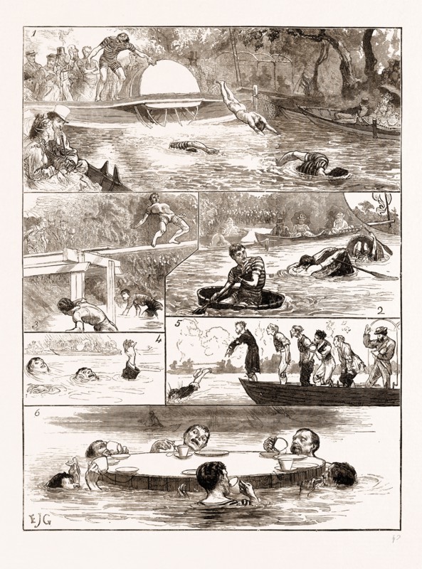 The London swimming club contest at the Crystal Palace, London UK 1873, 4. BEST MEANS OF SAVING- LIFE 5. SWIMMING IN CLOTHES
