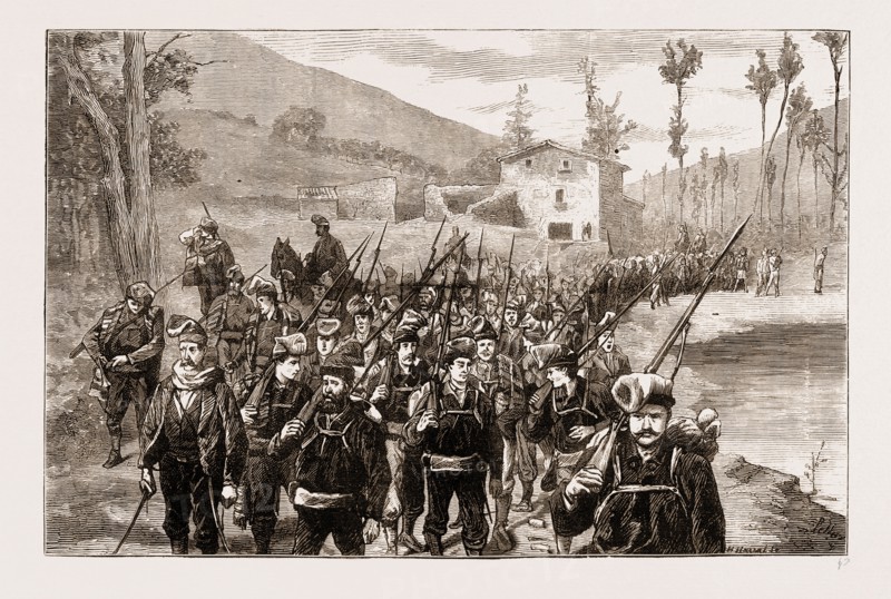 REPUBLICAN VOLUNTEERS IN PURSUIT OF CARLISTS IN THE CATALONIAN MOUNTAIN, SPAIN 1873