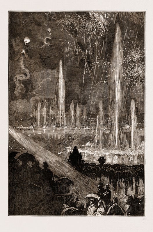 THE SHAH OF PERSIA (IRAN) AT THE CRYSTAL PALACE LONDON UK 1873, THE FOUNTAINS ILLUMINATED AND FIREWORKS
