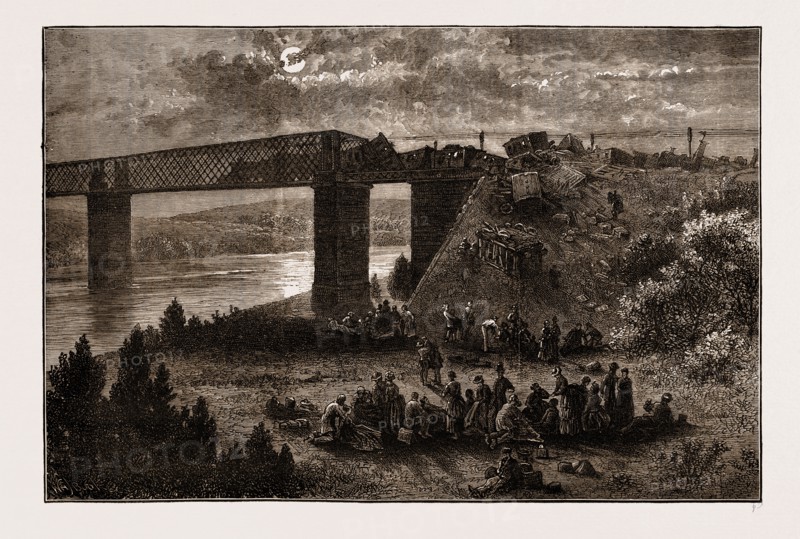 FRIDGE OF VIANA, OVER THE DOURO-SCENE OF THE LATE RAILWAY ACCIDENT, SPAIN, ENGRAVING 1873