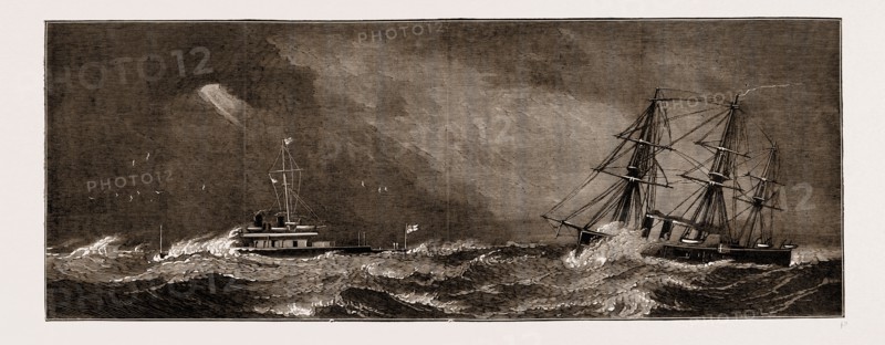 H.M.S DEVASTATION OFF BEREHAVEN, ENGRAVING 1873