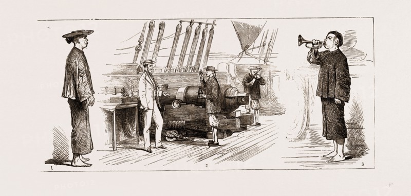 REORGANISING THE CHINESE NAVY, ON BOARD THE TRAINING SHIP "KEIN-WEI", 1875: 1. "Jing Kee," a Quartermaster. 2. "Make it so," Officer of Watch reporting Eight Bells to the Captain.
