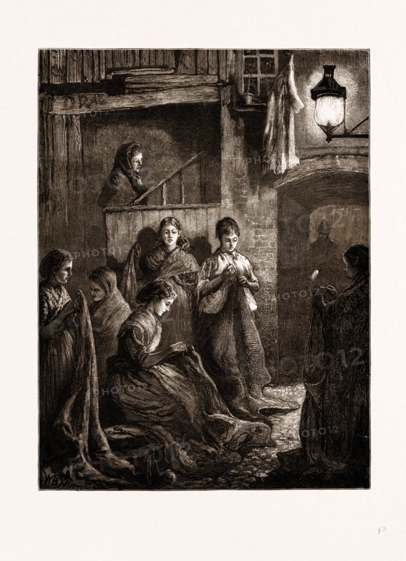 LONDON LIFE AT THE EAST END: SACK-MAKING BY THE LIGHT OF A STREET LAMP, UK, 1875