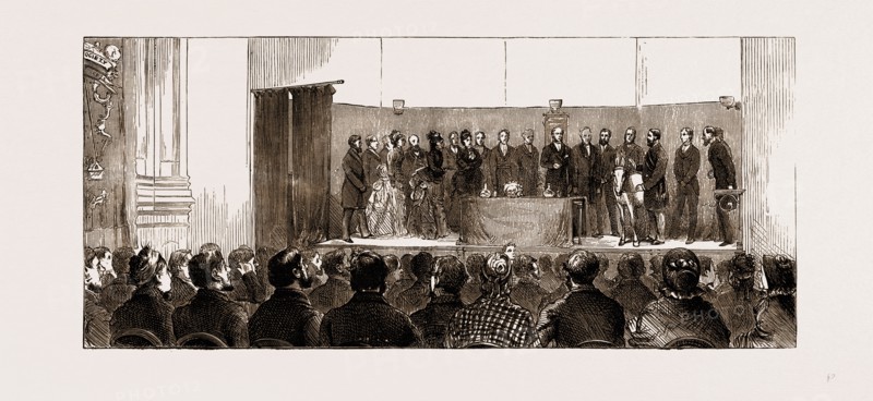 ANNUAL MEETING OF THE GOLDEN LANE COSTERMONGERS' MISSION: THE HON, SECRETARY PRESENTING A DONKEY TO THE EARL OF SHAFTESBURY, 1875