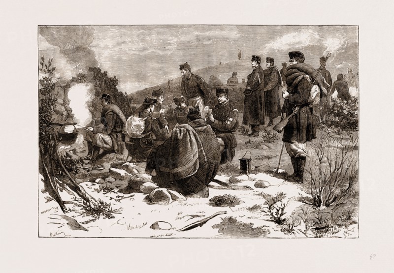 THE CIVIL WAR IN SPAIN, 1875: ALPHONSIST TROOPS AT DINNER IN THE CAMP ON MOUNT ESQUINZA