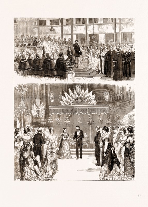 H.R.H. THE DUKE OF EDINBURGH AT LEEDS: 1. THE TOWN CLERK READING THE ADDRESS. 2. THE BALL IN THE EVENING; THE DUKE LEADING OFF THE FIRST QUADRILLE WITH THE MAYORESS, UK, 1875