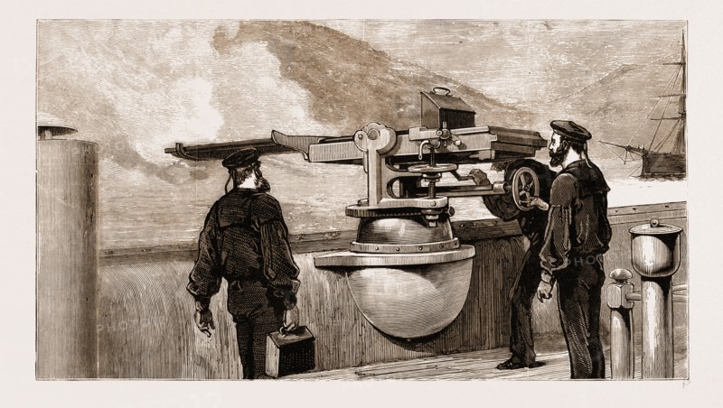 OUR MEDITERRANEAN FLEET: PRACTICE WITH THE NORDENFELDT GUN ON BOARD H.M.S. "MONARCH", 1881