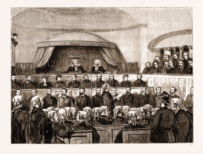 THE STATE TRIALS IN IRELAND: SCENE IN THE DUBLIN QUEEN'S BENCH DIVISION DURING THE DELIVERY OF THE ATTORNEY-GENERAL'S ADDRESS, 1881: Mr. Justice Fitzgerald (Presiding) Mr. Justice Barry, The Jury