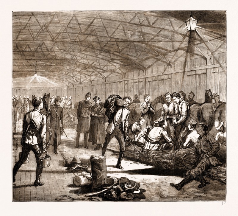 REINFORCEMENTS FOR THE TRANSVAAL, SOUTH AFRICA: EMBARKATION OF CAVALRY AT THE ALBERT DOCKS, WOOLWICH, UK, 1881