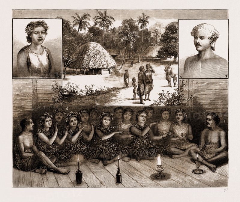 THE SAMOAN ISLANDS, 1881: 1. Leumanu, Chief of Apia. 2. Fantulia, Wife of Leumanu. 3, 4. Types of Natives. 5. A Village Scene. 6. The Siva or Sitting-down Dance.
