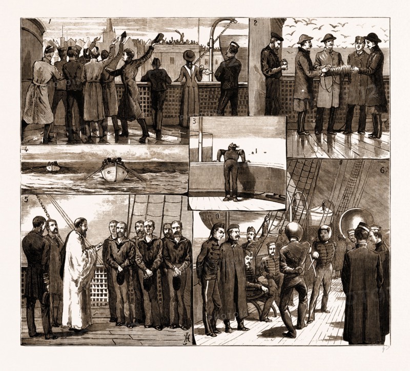 THE REINFORCEMENTS FOR THE TRANSVAAL, SOUTH AFRICA, 1881, NOTES ON BOARD A TROOP SHIP: 1. Leaving Portsmouth Harbour. 2. Winding in the Log. 3. Man Overboard. 4. To the Rescue. 5. Daily Prayers. 6. Fair Weather Amusement.