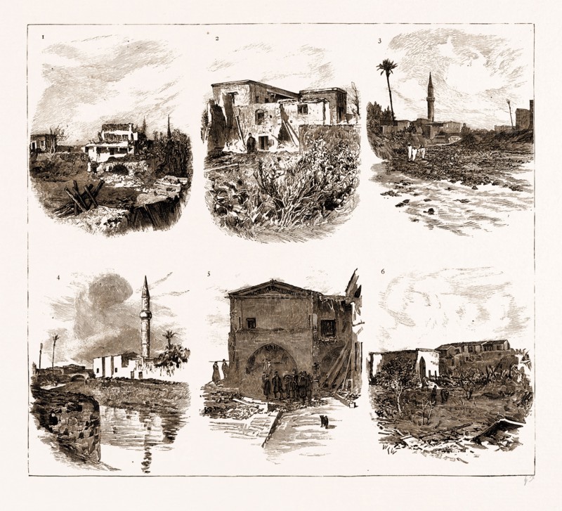NOTES FROM CYPRUS, THE RECENT INUNDATIONS AT LIMASOL, 1881: 1, 2. Ruins in Victoria Street. 3. Turkish Mosque, Looking Down the Riven. 4. Turkish Mosque, Looking Up the River. 5. Byron Cafe. 6. Prince Albert Street.