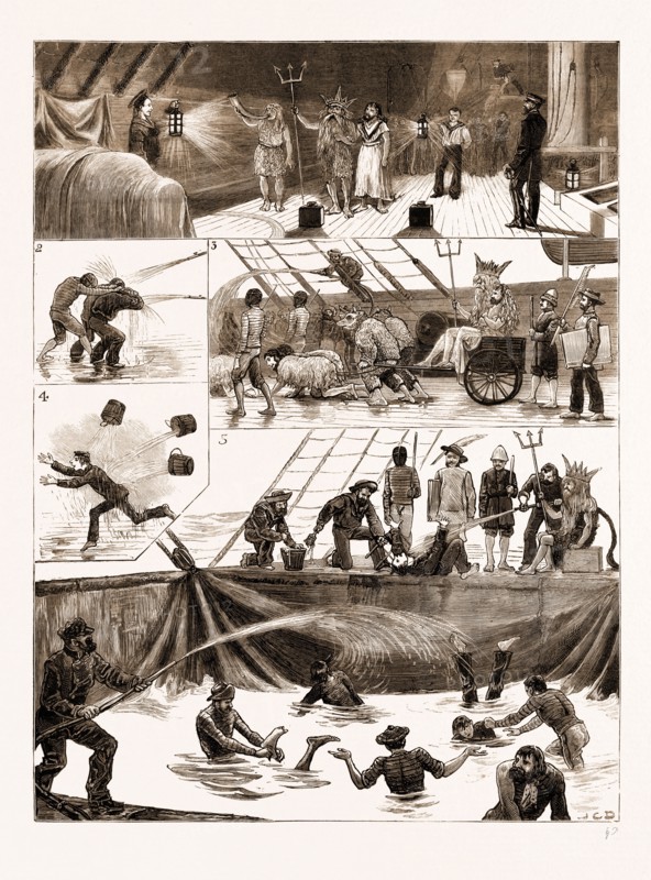 WITH THE FLYING SQUADRON, "CROSSING THE LINE", 1881: 1. Neptune's First Visit. 2. A Candidate for Initiation. 3. Neptune's Triumphal Car. 4. The Last Sheep. 5. The Final Bath.