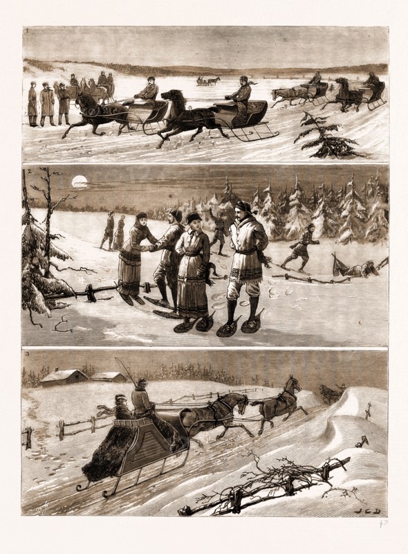 WINTER SPORTS AT HALIFAX, NOVA SCOTIA: 1. A Trotting Match on the Ice. 2. A Moonlight Tramp with the Snow Shoe Club. 3. Tandem Driving: Unforeseen Obstacles.