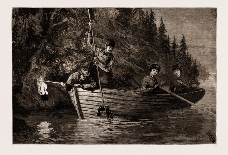 LOBSTER SPEARING BY TORCHLIGHT IN CANADA, 1881